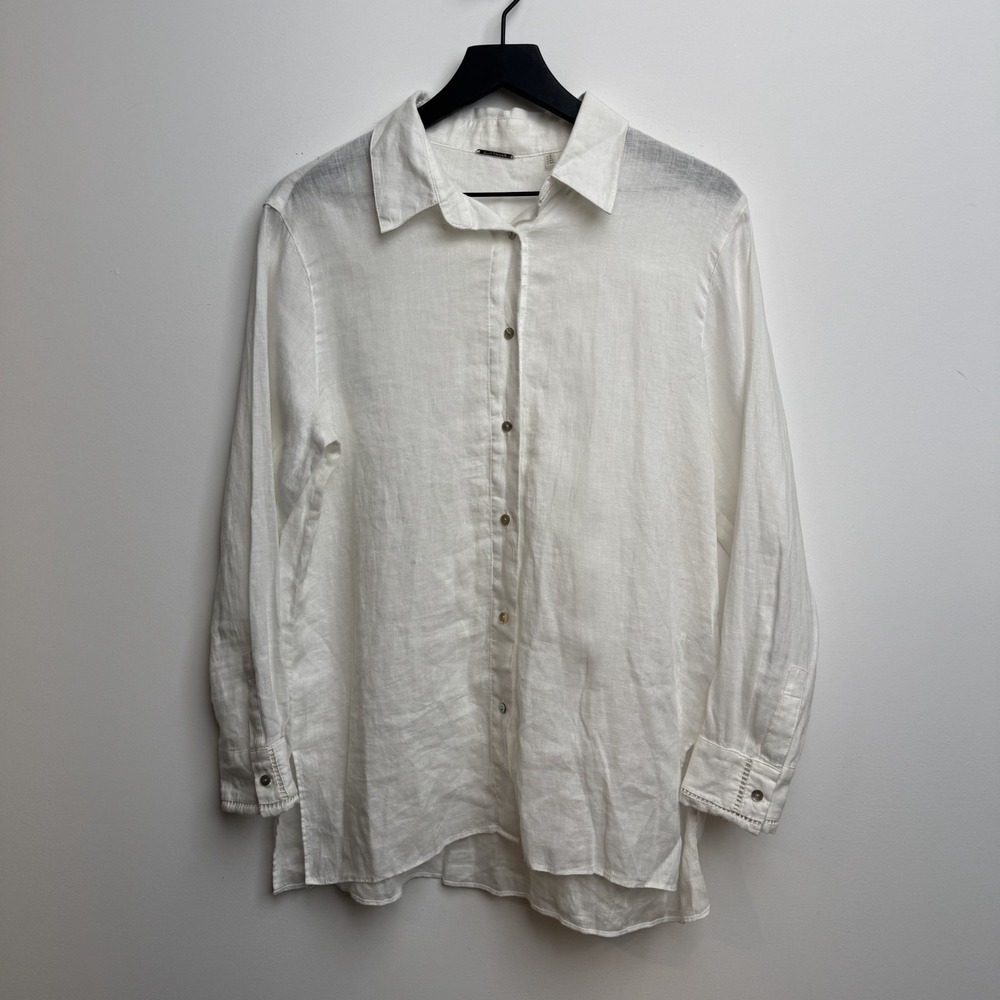 Elie Tahari Essentials Button Down Shirt S White 100% Linen Roll Tab Women's